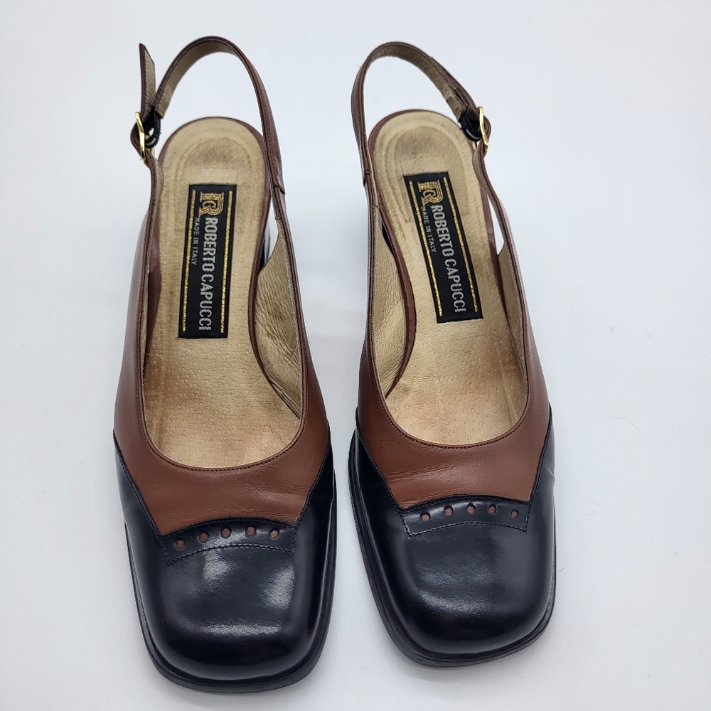 Roberto Capucci Brown and Black Slingback Classic Feminine Shoes